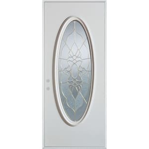 36 in. x 80 in. Traditional Patina Oval Lite Prefinished White Right-Hand Inswing Steel Prehung Front Door