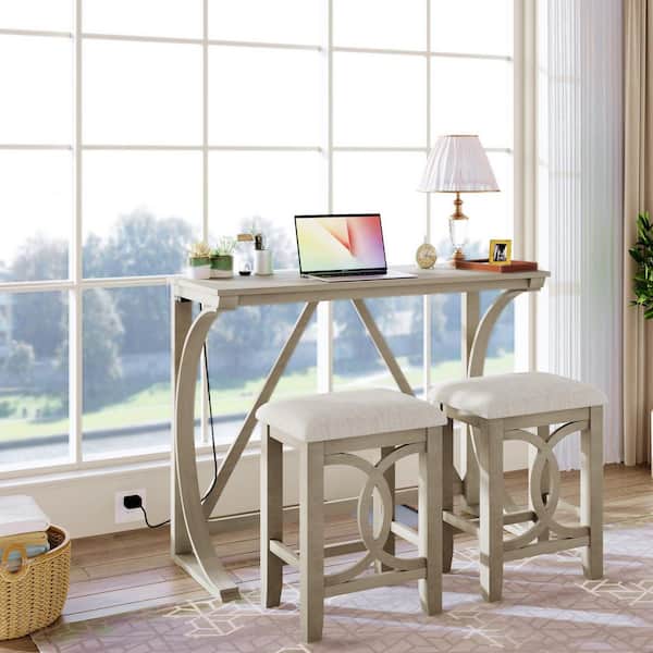 3-Piece Milky White Rectangular MDF Top Dining Table Set with 2 Upholstered Stools and USB Port