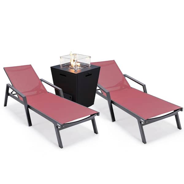 Leisuremod Marlin Modern Black Aluminum Outdoor Chaise Lounge Chair With Arms Set of 2 and Fire Pit Table, Burgundy