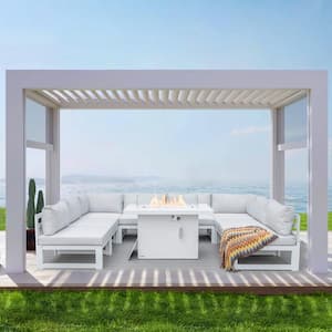 Extra Large White 9-Piece Aluminum Patio Frie Pit Deep Seating Sectional Sofa Set with White Cushions