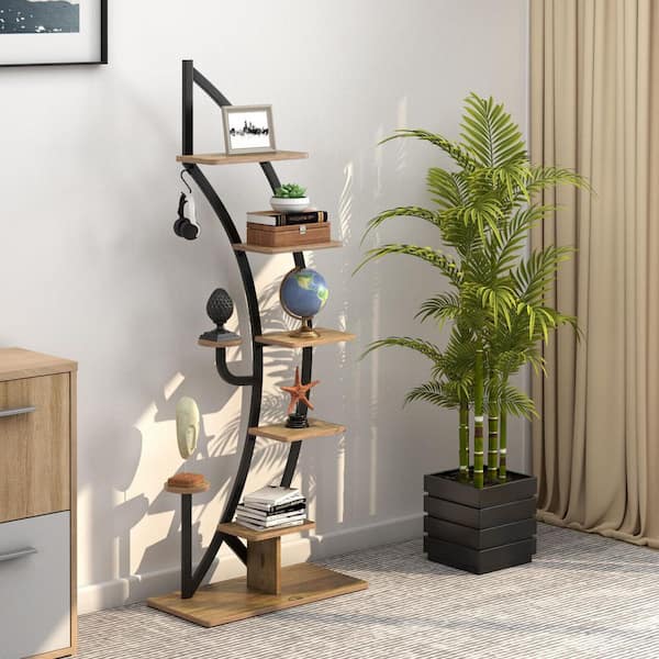 ANGELES HOME 61 in. Tall 9-Potted Metal Kits and Accessories Plant Stand Holder Display Shelf with Hook (6-Tiered)