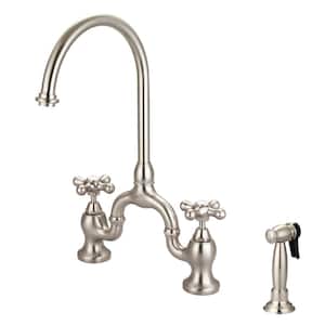 Banner 2-Handle Bridge Kitchen Faucet with Button Cross Handles in Brushed Nickel