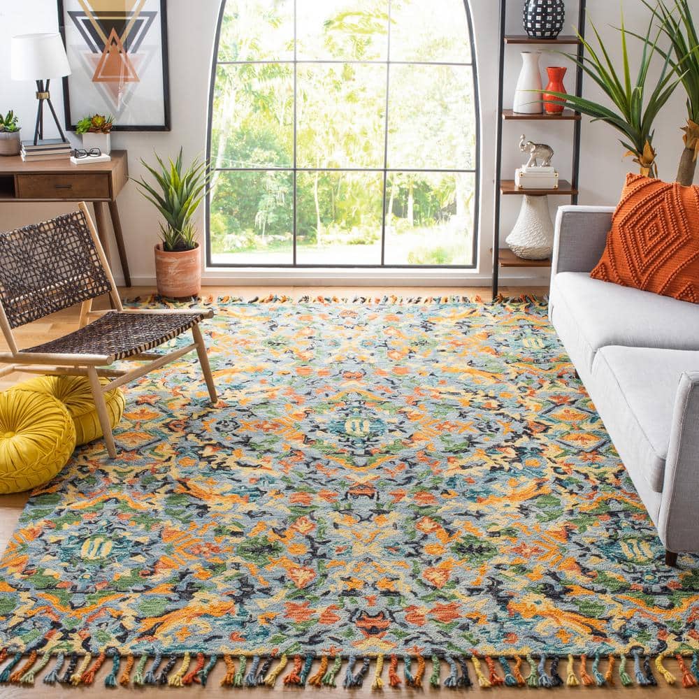 Handmade Tufted Floral Wool and Cotton Area Rug, Blue, 9' x 12'