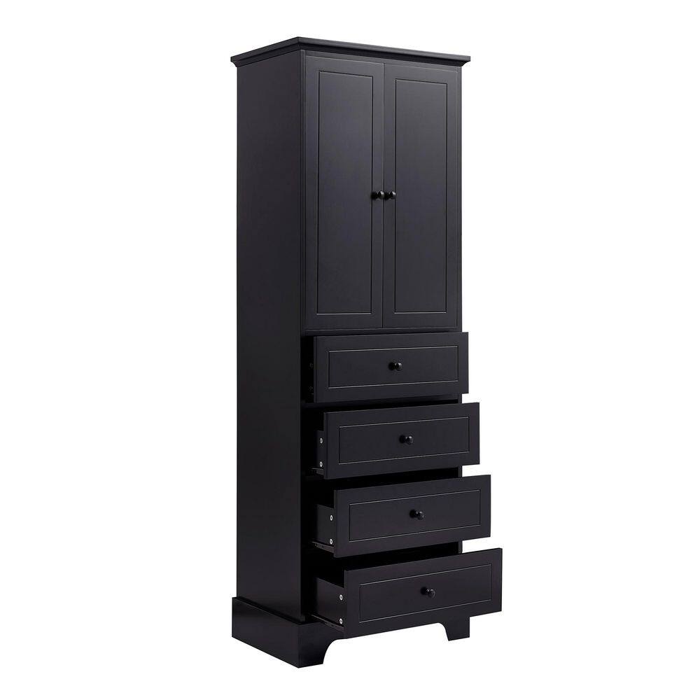 23.6 in. W x 15.7 in. D x 68.1 in. H Black MDF Freestanding Linen Cabinet with 2 Doors, 4 Drawers and Adjustable Shelf
