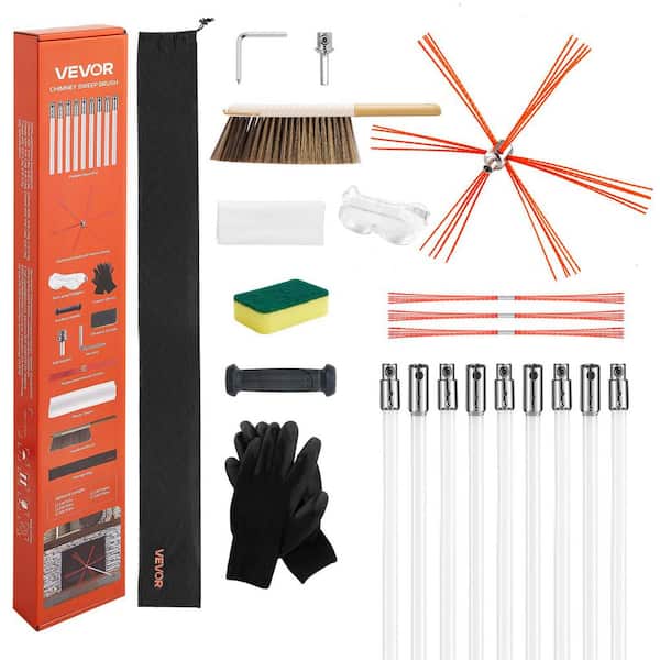 Chimney Sweep Kit, 30 ft. Maximum Length Chimney Sweep, with Bristle Replacements & Goggles, 90° Bendable Cleaning Tool