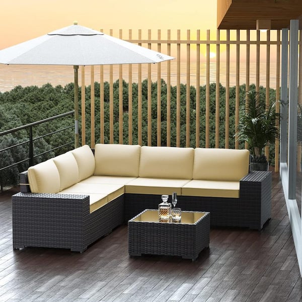 Halmuz 6-Piece Wicker Outdoor Sectional Set with Cream Cushion