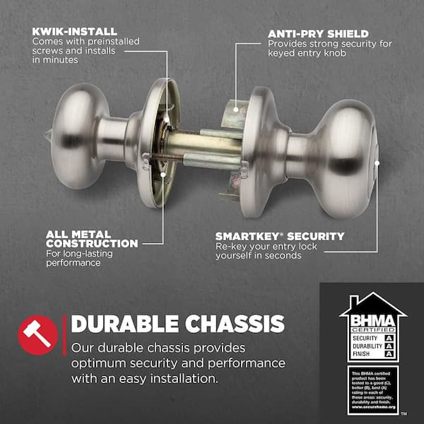 Juno Satin Nickel Entry Door Knob Featuring SmartKey Security with Microban Antimicrobial Technology