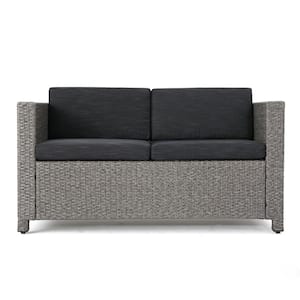 Gray Wicker Outdoor Patio Loveseat with Mixed Black Cushion