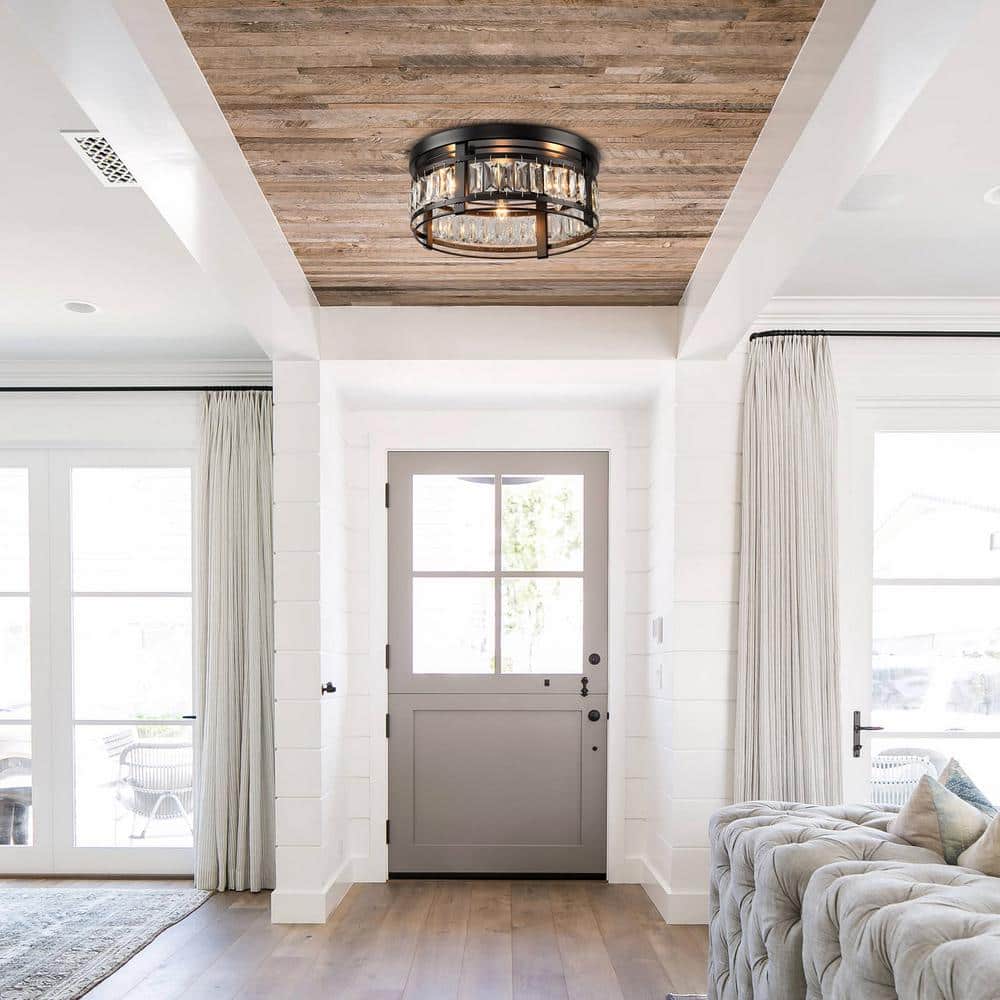 Matte Black Crystal Drum Flush Mount Ceiling Light
