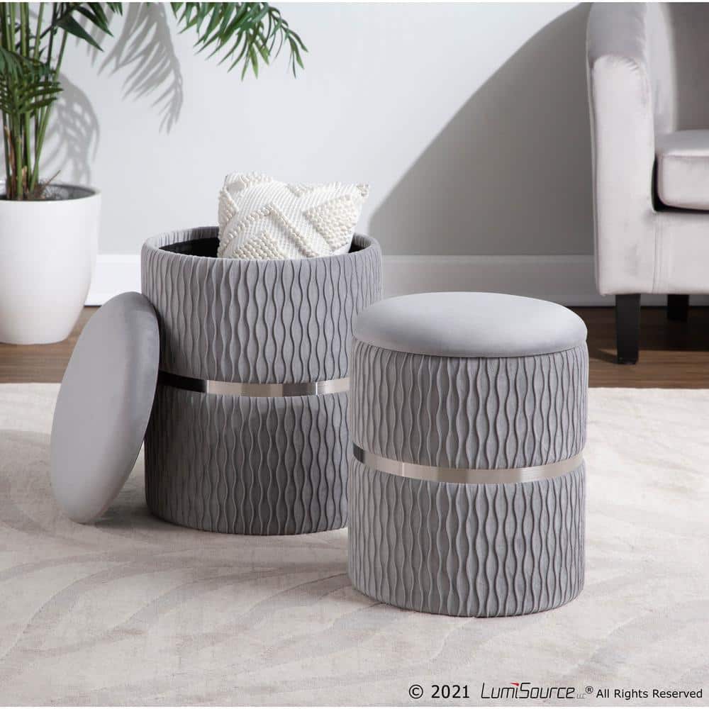 Silver Velvet and Chrome Round Nesting Ottoman Set
