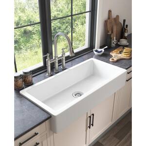 White Fireclay 37 in. Single Bowl Farmhouse Apron Kitchen Sink with Bottom Grid and Basket Strainer