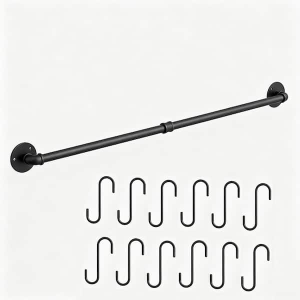 38 in. Black Wall Mounted Pot Bar Rack with 14 S Hooks, Detachable Pans Hanging Rail, Kitchen Lids Utensils Hanger