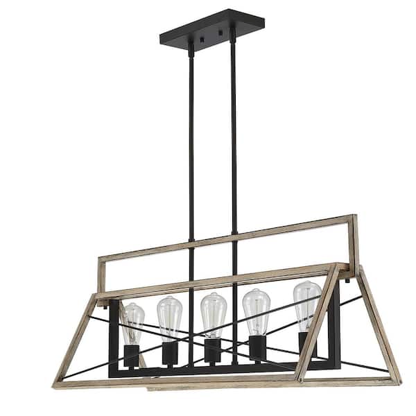 Avex 5-Light Matte Black and Barnwood Pendant Light with Metal Shade，No Bulbs Included