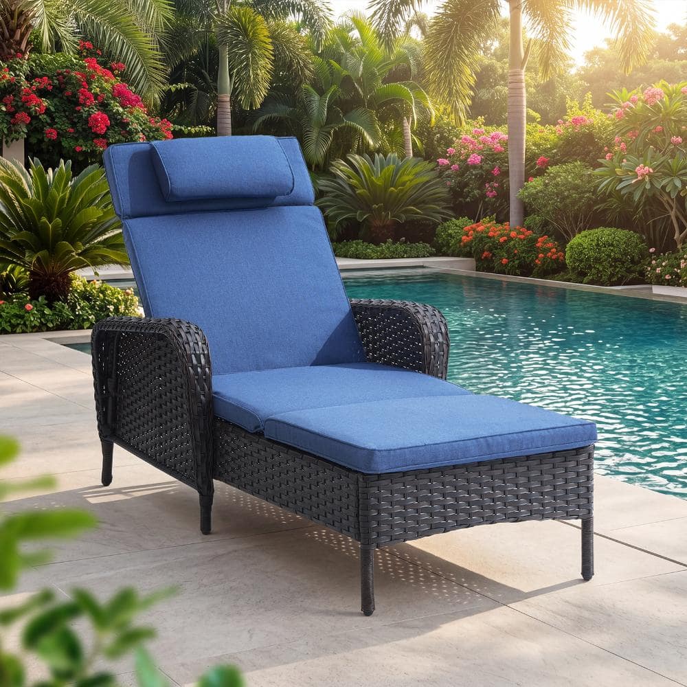 Wellcane 1-Piece Brown Wicker Outdoor Chaise Lounge Chair with Adjustable Backrest, Outdoor Recliner with Blue Cushion price history on PriceWatchPro
