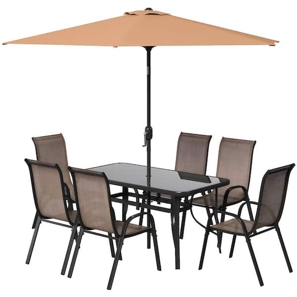 8 pc metal glass top patio table set with umbrella 8-Piece Dark Brown Metal Outdoor Dining Set, Conversation Set with Umbrella,  Tempered Glass Tabletop, Table, 6 Chairs io-928