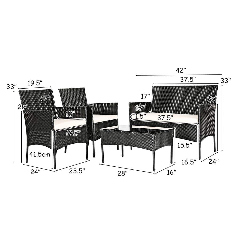 Modern Black Wicker 4-Piece Patio Set with White Cushions