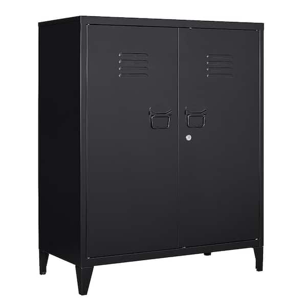 Mlezan 2 Door Metal Locker with 2-Adjustable Shelves Black Accent Cabinet in 31.5 in. W x 39.4 in. H x 15.7 in. D