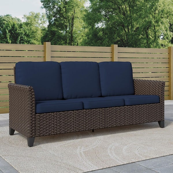 3-Seat Wicker Outdoor Patio Sofa Sectional Couch with Blue Cushions