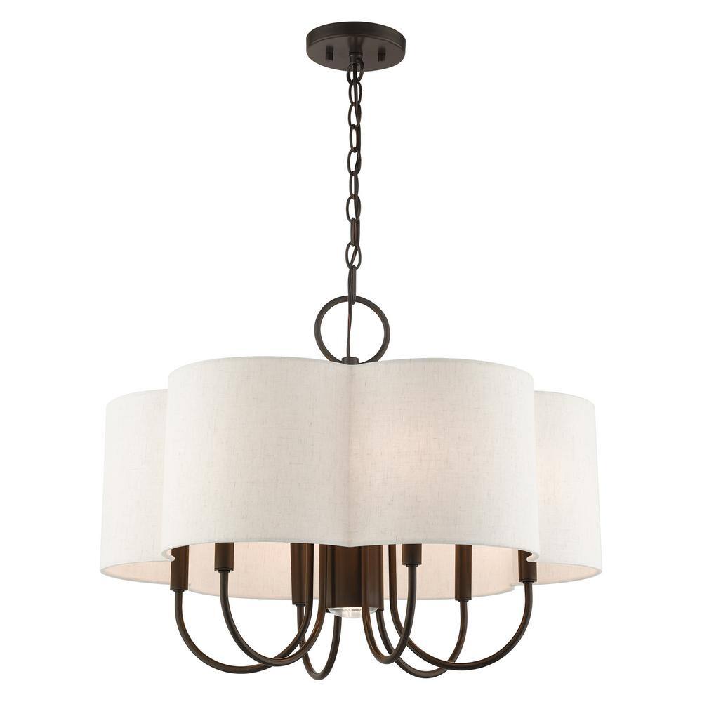 Elegant Solstice English Bronze 7-Light Chandelier with Oatmeal Shade
