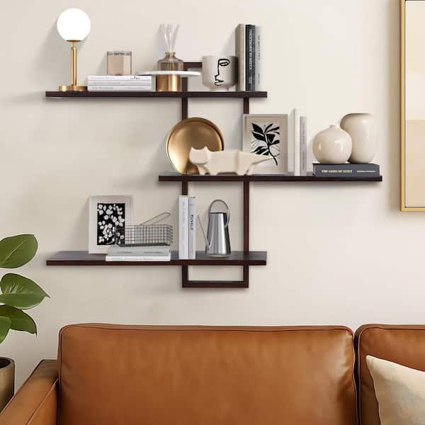 3-Tier 22 in. W x 6 in. D Brown Wood Decorative Wall Shelf