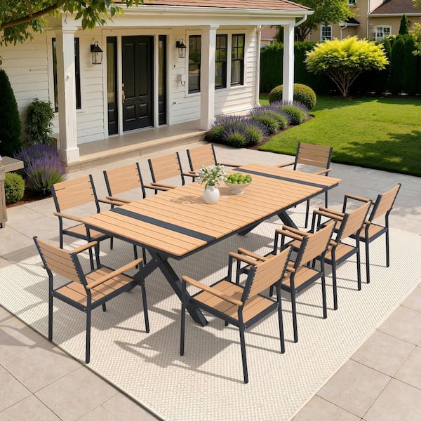 Brown 11-Piece 94 in. Aluminum Wood-Like Rectangular Patio Outdoor Dining Set with Stackable Arm-Chairs, Umbrella Hole