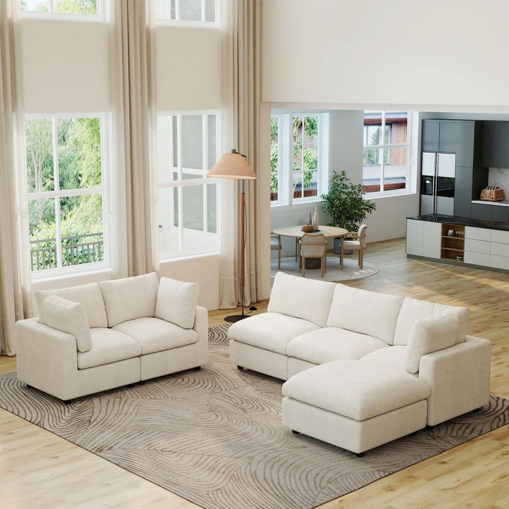 100 in. Square Arm 6-Piece Chenille L-Shaped Modualr Sectional Sofa with Detachable Covers, Ottoman in Beige for Office