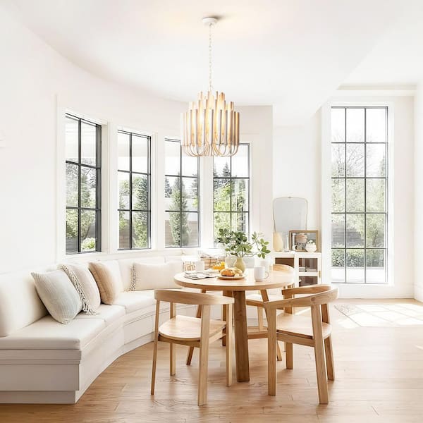 20" 5-Light Antique White Chandelier Lighting Fixture for Kitchen Island with 5 Tiers of Wooden Shade