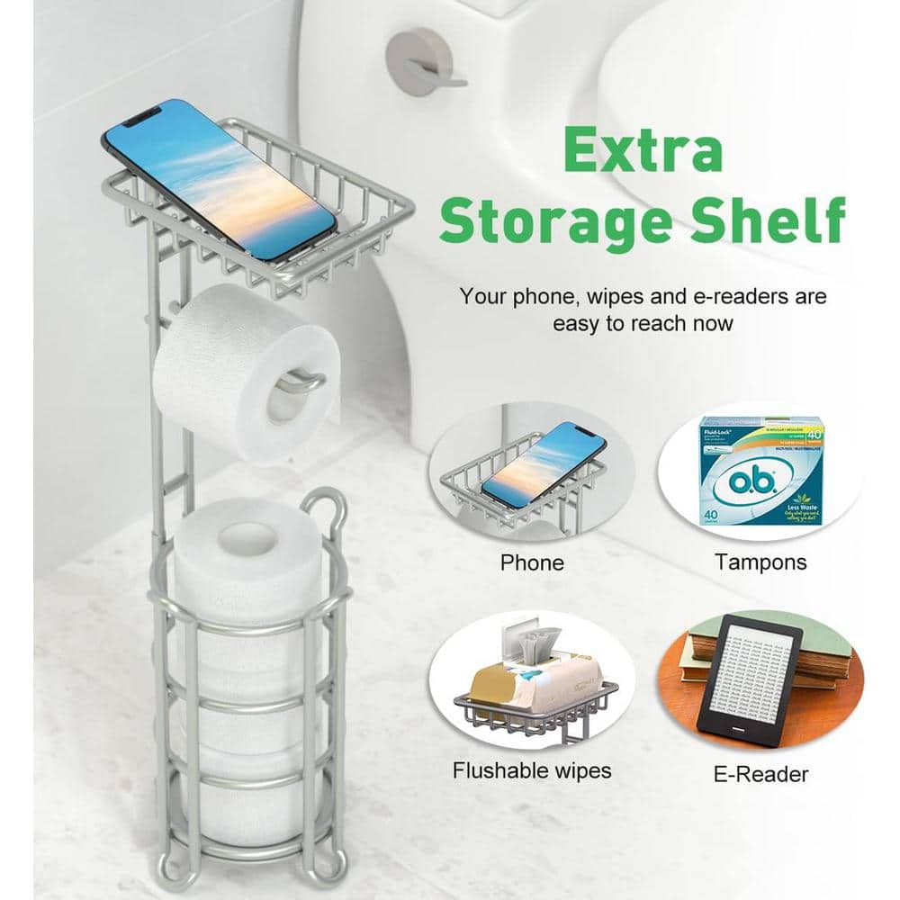 Silver Freestanding Toilet Paper Holder with Extra Storage Shelf