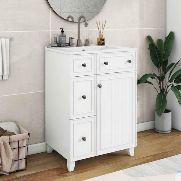 24 in. W Single Sink Freestanding Bath Vanity in White with White Ceramic Top, 2 Drawers and 1 Door