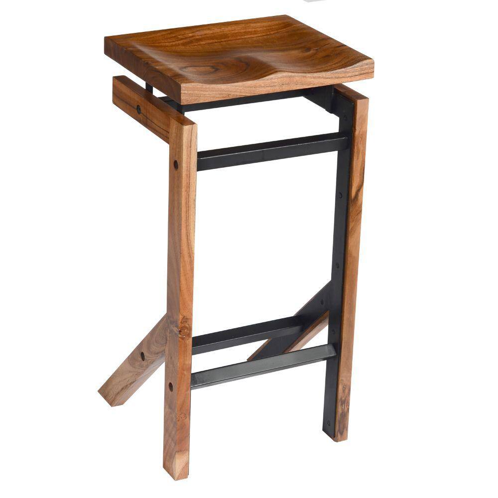 The Urban Port 29 in. Brown and Black Metal Frame Acacia Wood Bar Stool with Saddle Seat UPT