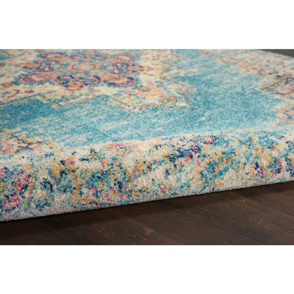 Light Blue Floral Synthetic Runner Rug with Latex Backing