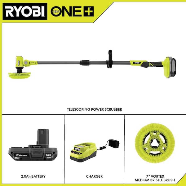 ONE+ 18V Cordless Telescoping Power Scrubber Kit with 2.0 Ah Battery, Charger, and 9 in. VORTEX Soft Bristle Brush