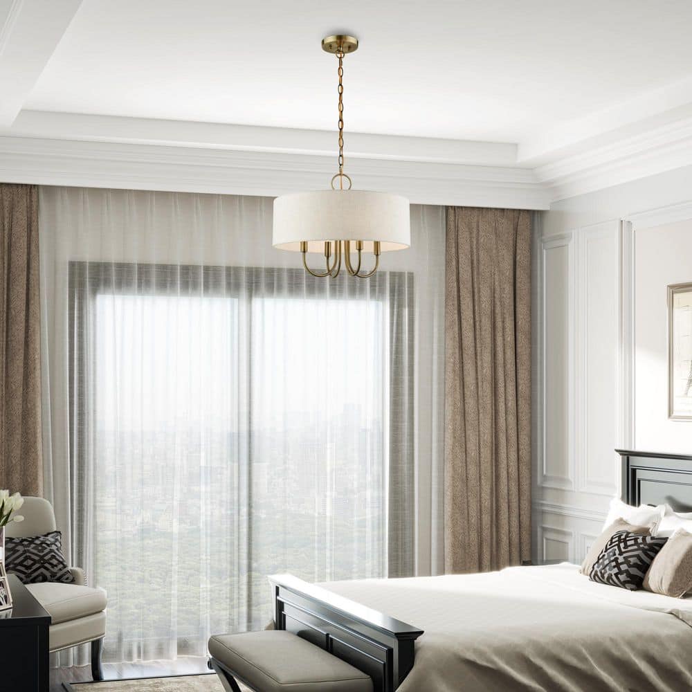 Elegant Antique Brass Drum Pendant Chandelier with Oatmeal Shade