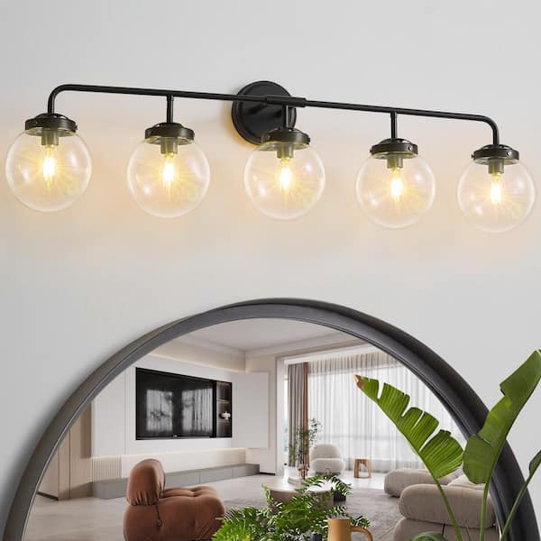 Modern 38.98 in. 5-Light Black Bathroom Vanity Light with Clear Glass Shades, Suitable for Bathrooms, Powder Rooms