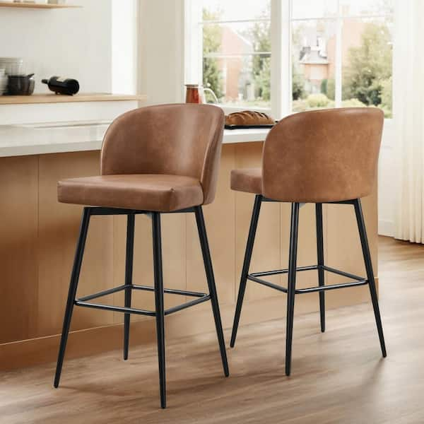 Cynthia 30 in. Cognac Brown High Back Metal Swivel Bar Stool with Faux Leather Seat (Set of 2)