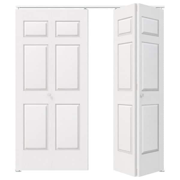 72 in. x 80 in. 6-Panel Textured MDF White Hollow Core Composite DIY Painted Bi-Fold Door with Hardware Kits