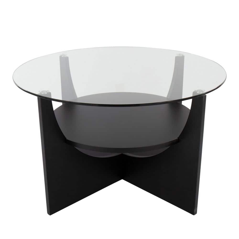 34" Circular Black Wood & Clear Glass Coffee Table with Storage Shelf