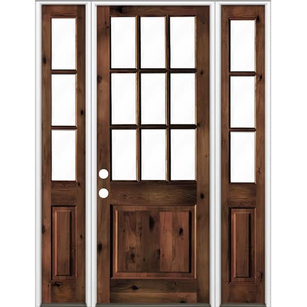 Krosswood Doors 70 in. x 96 in. Rustic Knotty Alder Clear 9-Lite Red Mahogony Stain Wood Right Hand Single Prehung Front Door/Sidelites