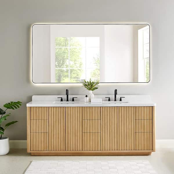 Clayton 84 in. Double Freestanding Washed Light Brown Bath Vanity with Grain White Engineered Stone Top Assembled Mirror