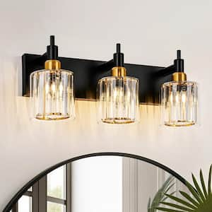 Orillia 19.67 in. 3-Light Black and Gold Bathroom Vanity Light Fixture Wall Sconce with Crystal