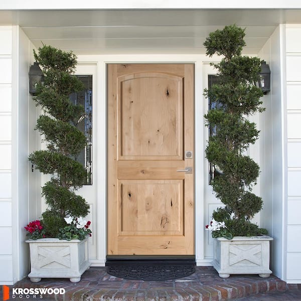 DIY 36 in. x 80 in. Knotty Alder 2-Panel Left-Hand Arch Unfinished Single Wood Front Door Kit w/ Quick Assemble Jamb