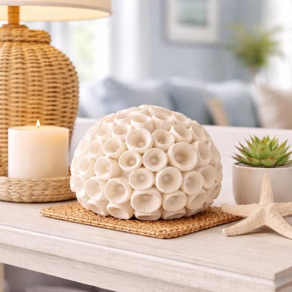 Ivory 7 in. x 6 in. Resin Round Coastal Coral Decorative Orb