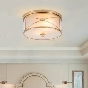 11.75 in. 2-Light Brass Flush Mount with Frosted Glass Shade and No Bulbs Included 1-Pack
