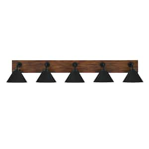 Kirby 47.5 in. 5 Light Black and Painted Wood-look Vanity Light with 7 in. Matte Black Metal Shades No Bulbs Included