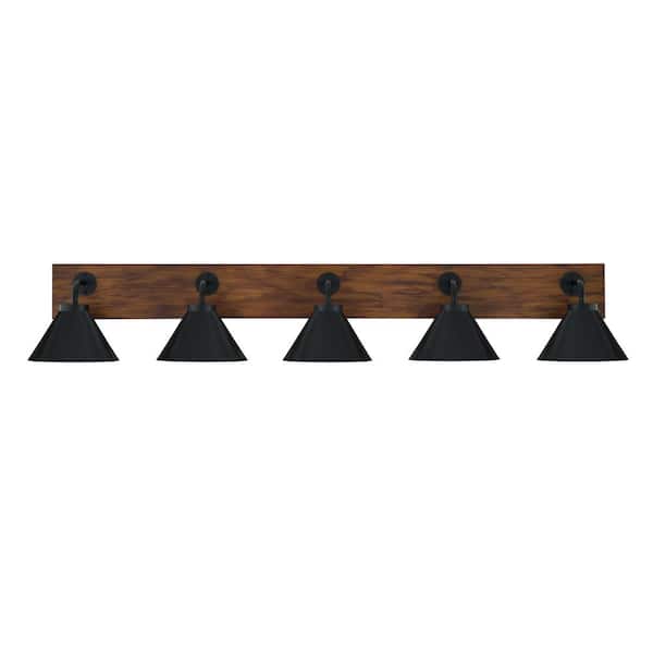 Unbranded Kirby 47.5 in. 5 Light Black and Painted Wood-look Vanity Light with 7 in. Matte Black Metal Shades No Bulbs Included