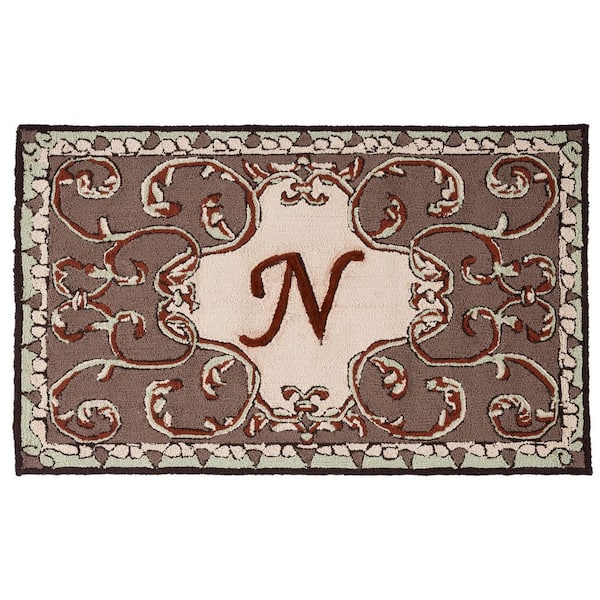 Monogram Mocha 3 ft. x 4 ft. "N" Ornate Floral Indoor/Outdoor Area Rug