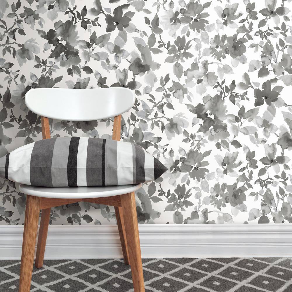 Black and White Watercolor Floral Peel and Stick Wallpaper Roll