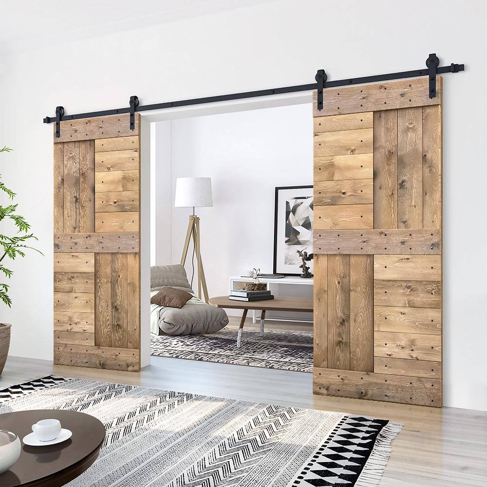 60-in x 84-in Light Brown Pine Wood Double Barn Door with Black Hardware