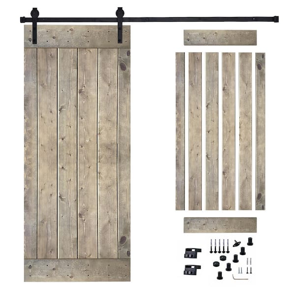 Akicon 36 in. x 84 in. Dark Walnut Painted Wood Sliding Door with Hardware Kit, Pre-Drilled Ready to Assemble