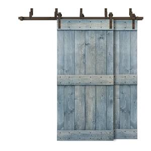 96 in. x 84 in. Mid-Bar Bypass Denim Blue Stained DIY Solid Wood Interior Double Sliding Barn Door with Hardware Kit